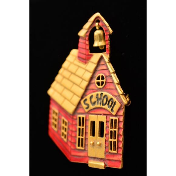 Tara Vintage School Pin Brooch Red Enamel Brushed Gold Signed 1980s Bin4 - Picture 2 of 12